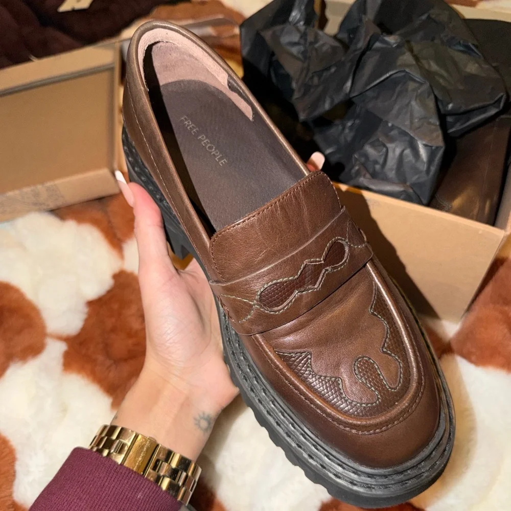 Free People Brown Leather Chunky Loafers